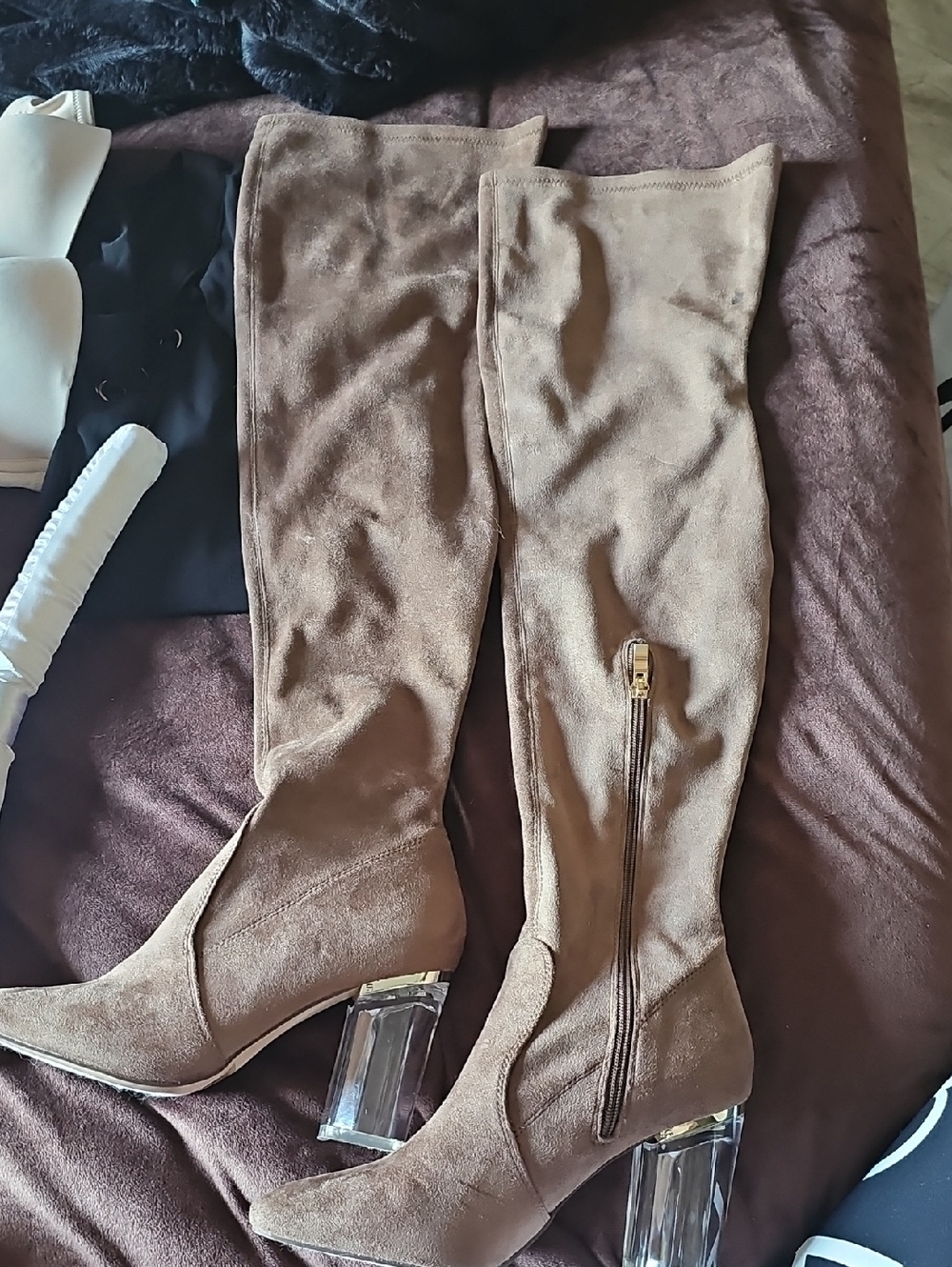Brown Over-the-Knee Suede-Look Boots with Clear Block Heel